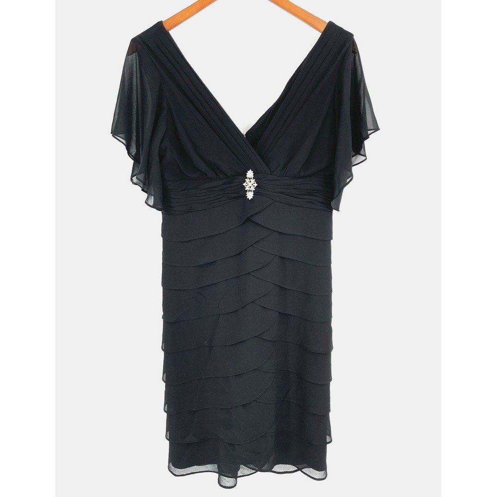 Scarlett Nite Womens 8 Black Cocktail Dress Crepe Layered Rhinestone Pin